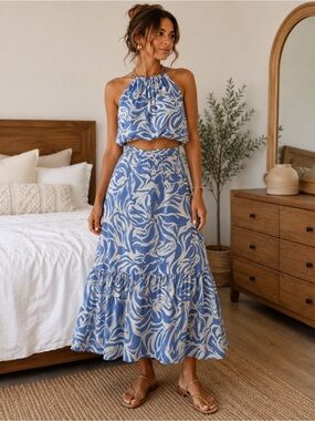 Blue & White Printed Halter Maxi Skirt Set